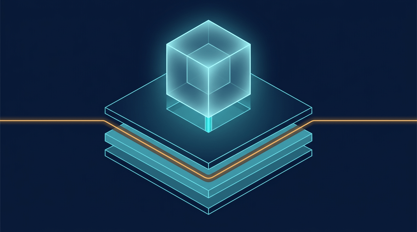 Isometric illustration on a deep navy background. A glowing cyan cube in the center, representing the federal National Provider Directory, rests on a wider horizontal foundational structure of four stacked layers in graduated cyan tones. A single horizontal line of warm amber light threads through the middle of the layered structure and extends to both edges of the composition, representing a continuous provenance and evidence log running through the data infrastructure beneath the federal directory.