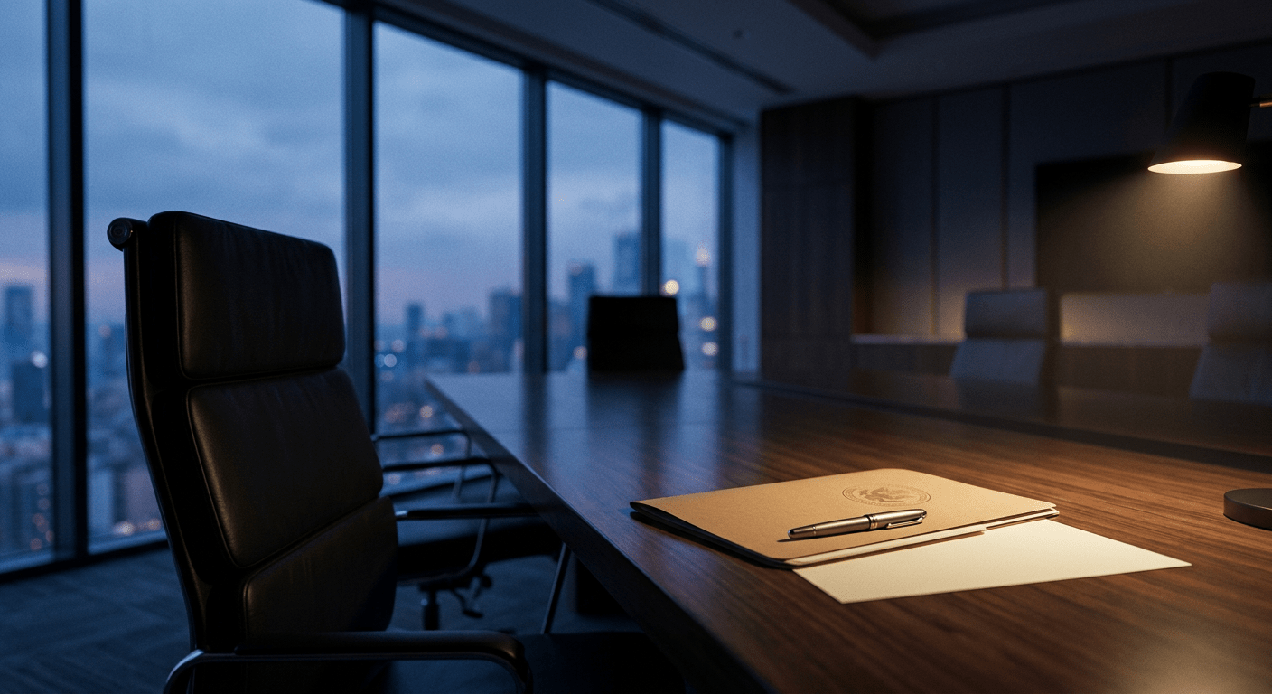 Empty executive boardroom at dusk with a closed document portfolio and uncapped fountain pen on a polished walnut conference table, city skyline visible through floor-to-ceiling windows, representing the moment before a CY 2027 HPMS attestation signature is applied.