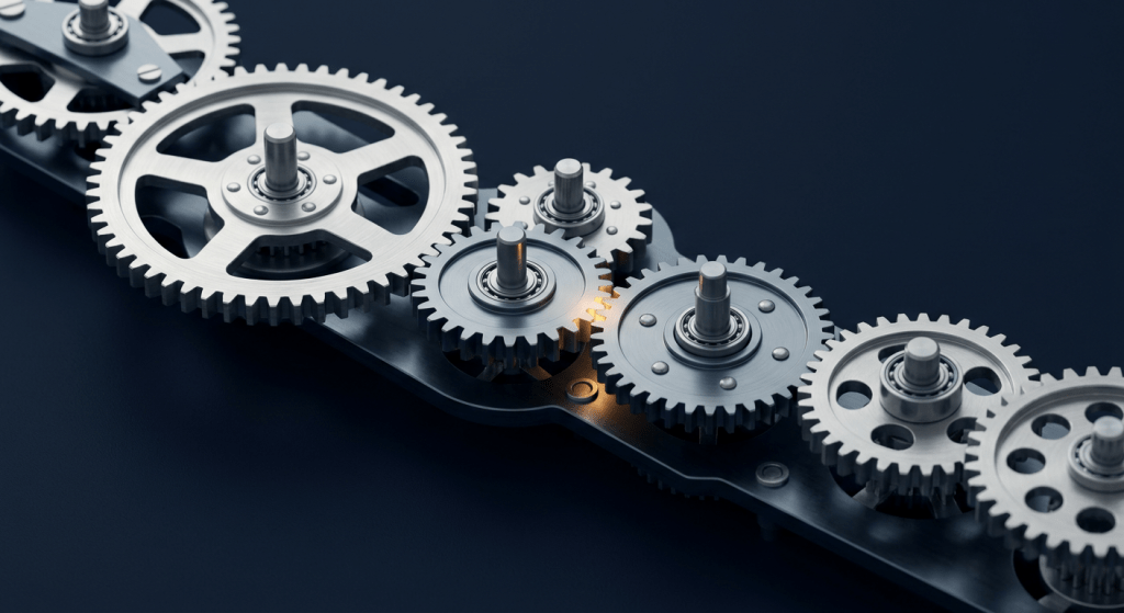 Linear train of brushed steel gears on a deep navy background with a warm amber glow at a single junction between two gears, representing the lag between provider directory updates and billing system data