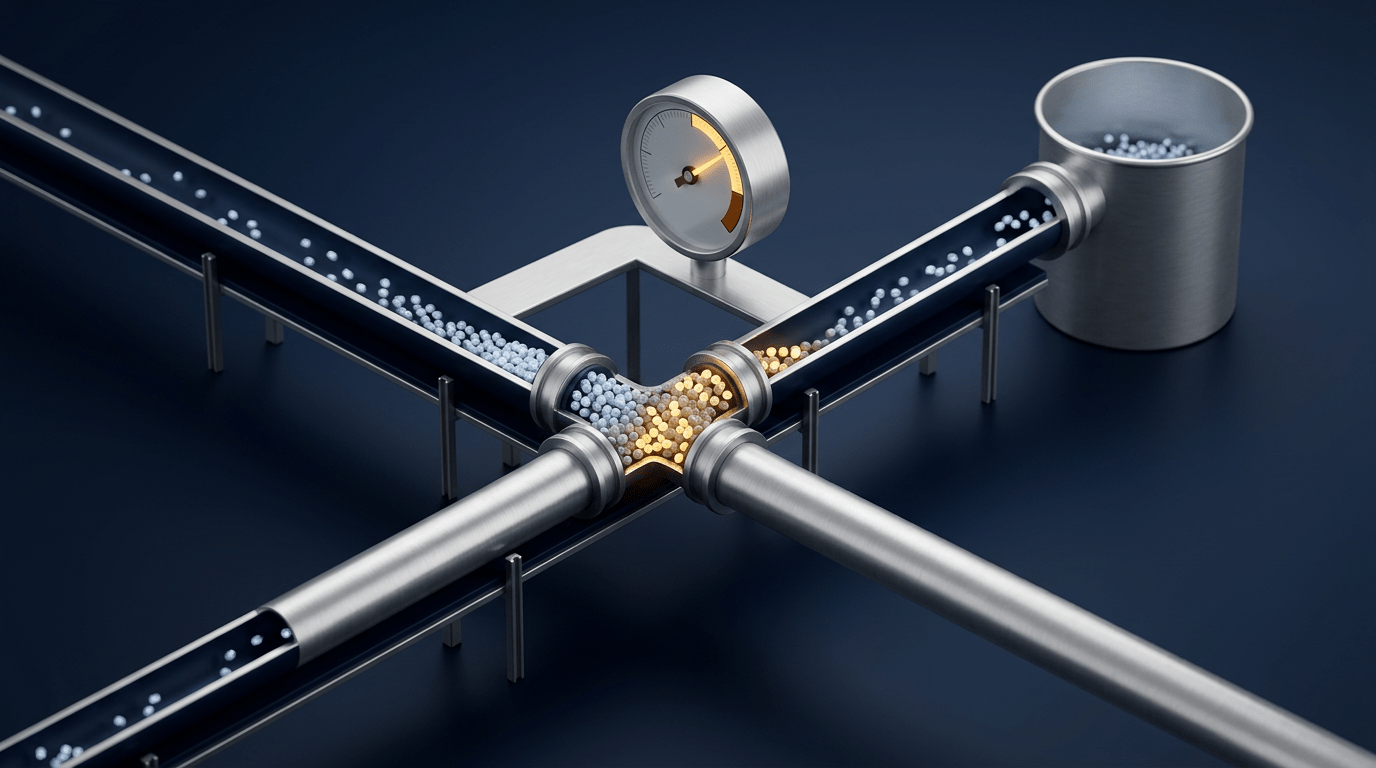 Isometric illustration of a steel payment pipeline where claim tokens jam into an amber cluster at a faulted junction, with a pressure gauge above pushed into an elevated zone, representing how provider data errors inflate Days in Accounts Receivable.