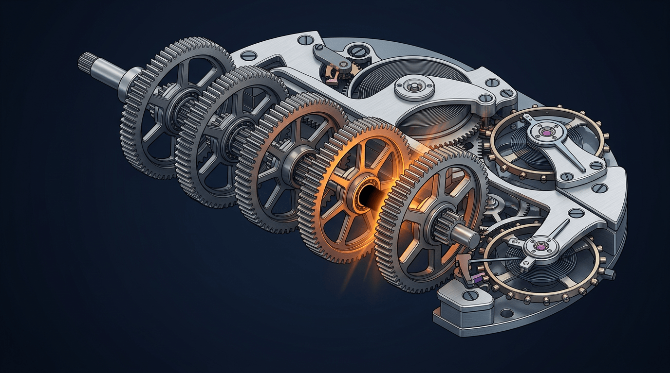 Isometric watch escapement mechanism with one glowing amber gear in a silver gear train, representing a credentialing gap disrupting billing as the timely filing clock runs.