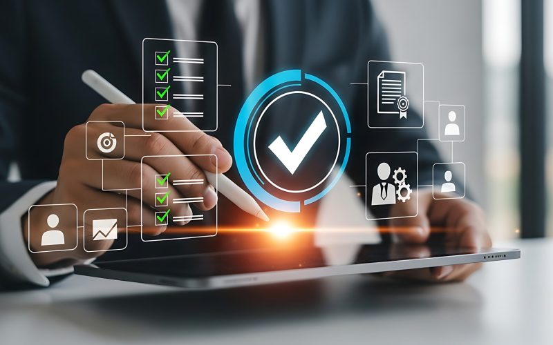 Business professional using a tablet with digital verification checkmarks and compliance icons representing provider data validation against trusted healthcare data sources.