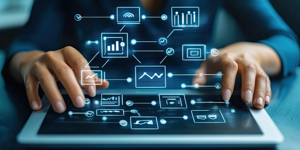 Hands using a digital tablet with floating compliance and analytics icons, representing automated regulatory monitoring and verification processes.