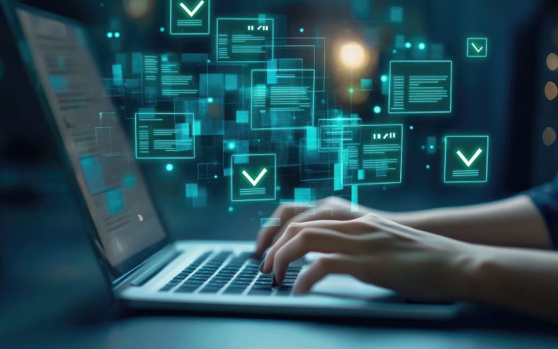 Hands typing on a laptop with floating digital documents and checkmark icons, representing enrichment and contextual mapping of provider data.