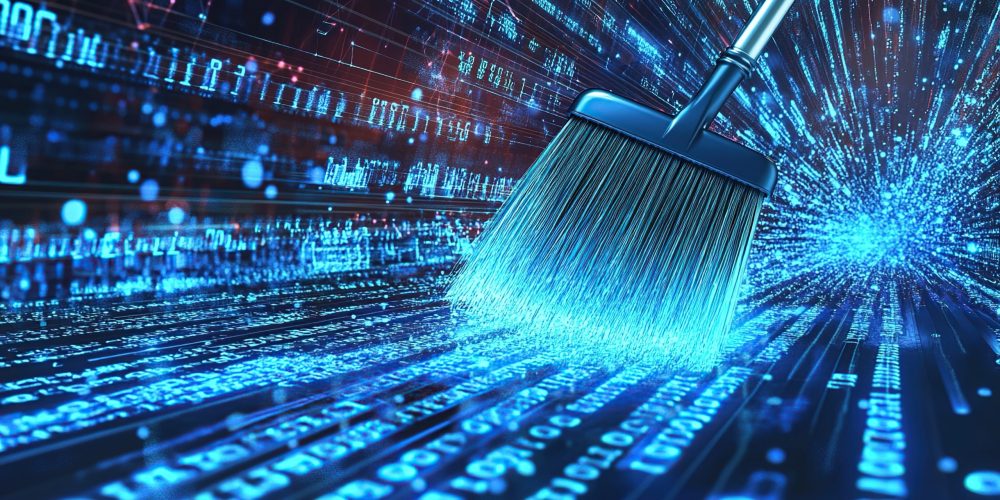 Digital broom sweeping through streams of glowing data, symbolizing identity resolution and removal of duplicate or conflicting provider records.