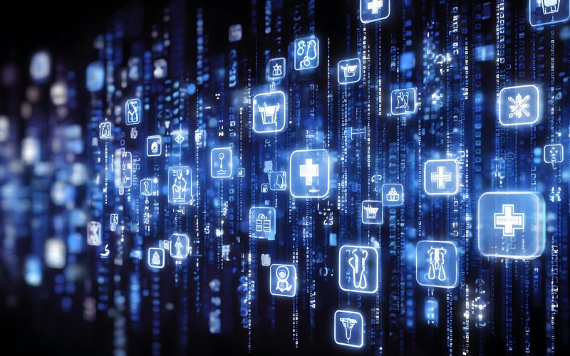 Digital healthcare icons flowing through streams of data, representing automated ingestion of provider information from multiple sources.